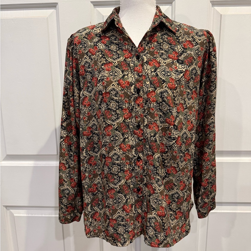 Macaw-Inggo Blouse Vintage Paisley Floral Button Down Blouse Retro Size Medium - Picture 3 of 12